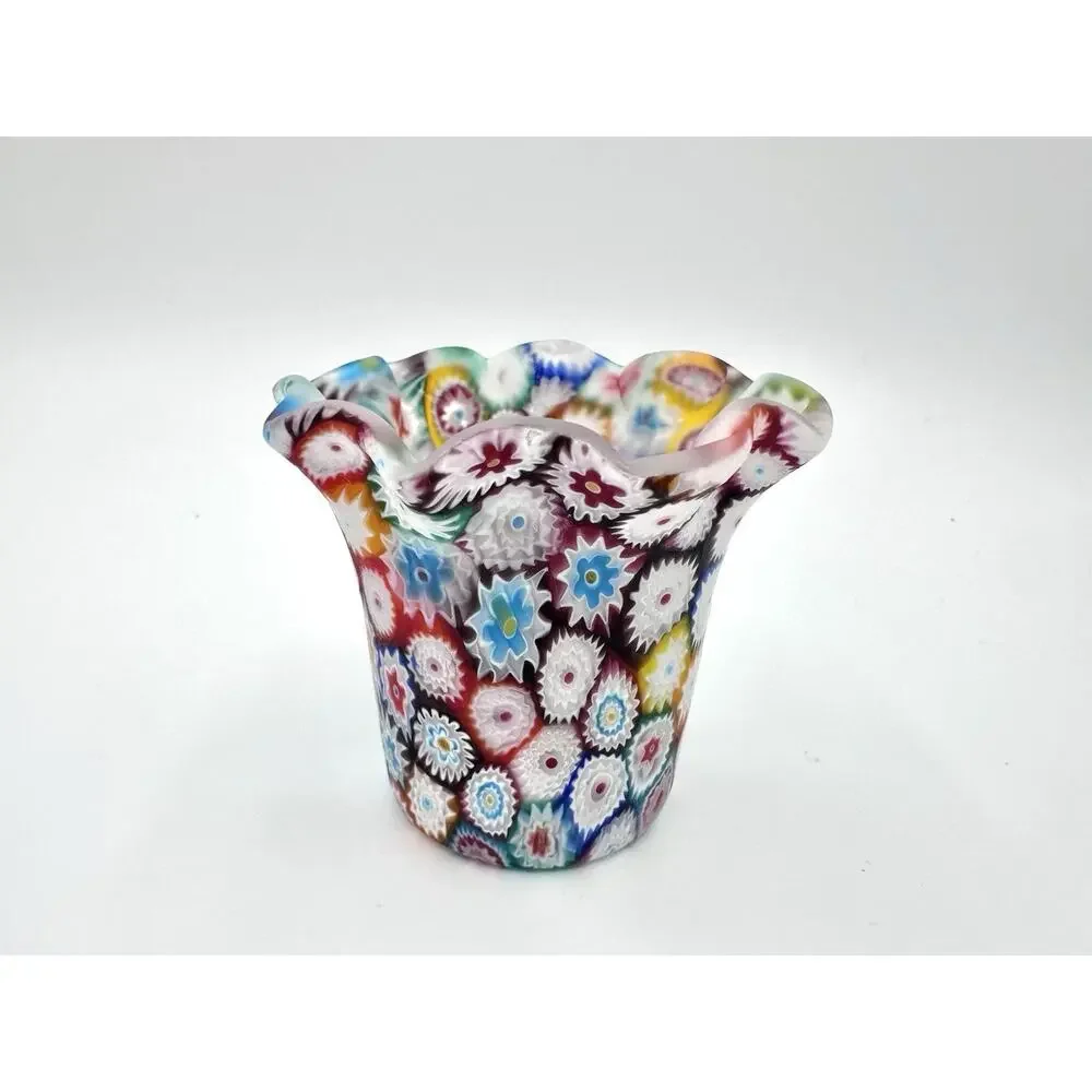 Murano Millefiori Ruffled 3” Vase Holder & Shell Like Dish Fratelli Toso ITALY